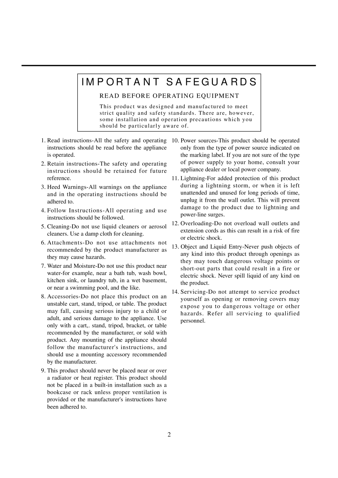 Vestax PCV-150 owner manual Important Safeguards, Read Before Operating Equipment 