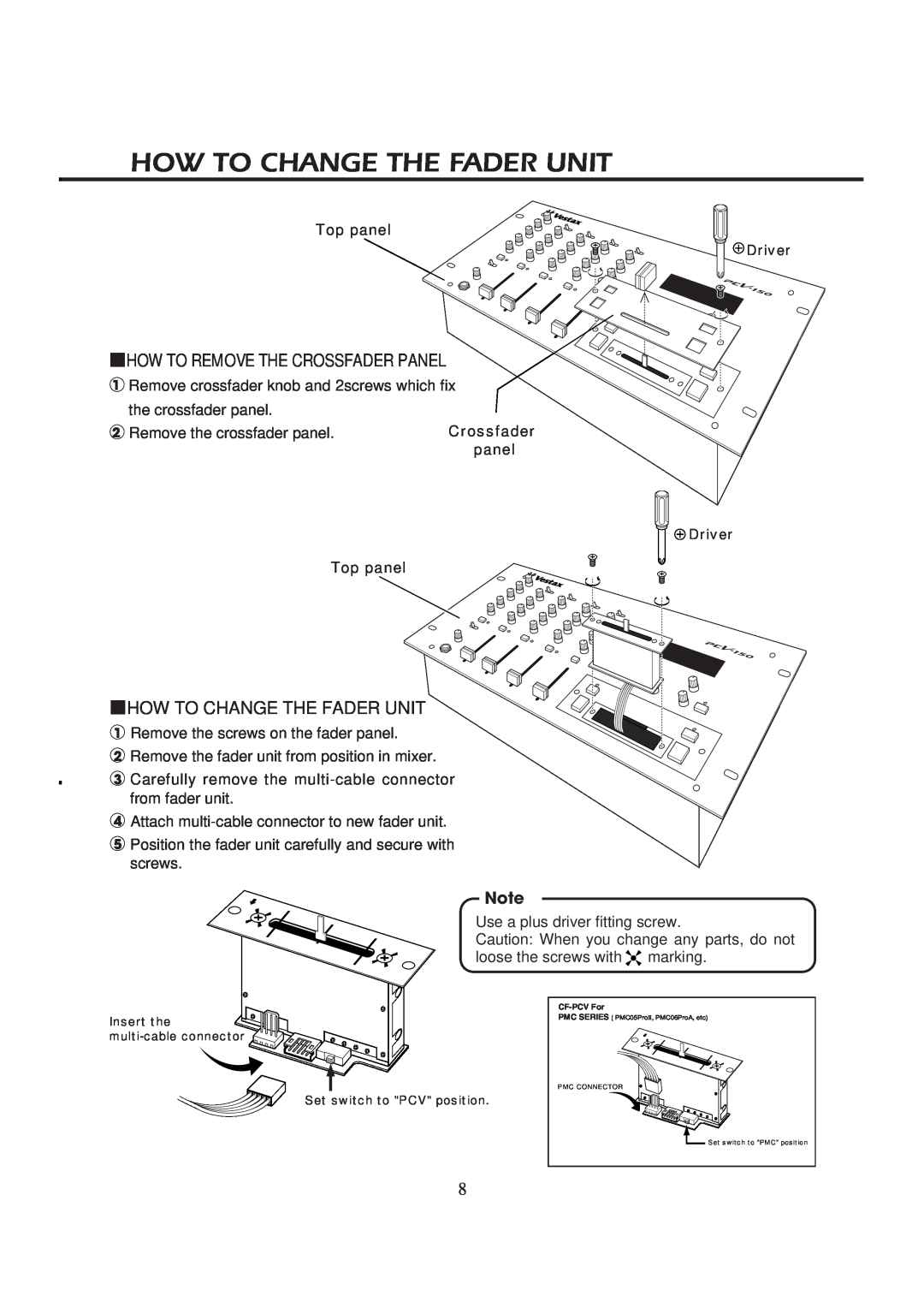 Vestax PCV-150 owner manual How To Change The Fader Unit, How To Remove The Crossfader Panel 