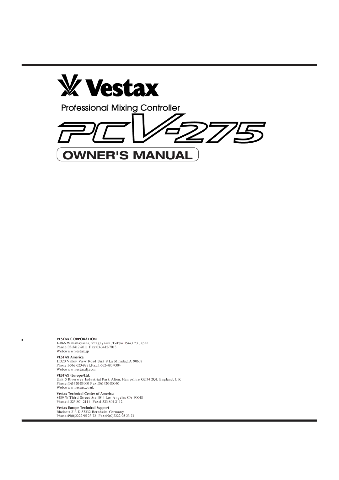 Vestax PCV-275 owner manual Professional Mixing Controller 