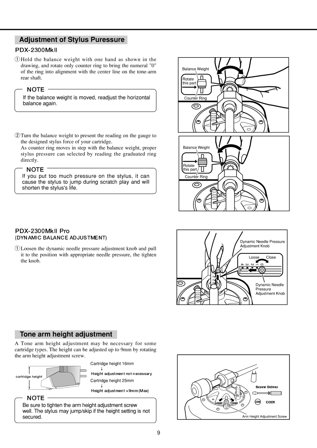 Vestax PDX-2000MkII, PDX-2300 MkII PDX-2300 MkII Pro owner manual Adjustment of Stylus Puressure, Tone arm height adjustment 