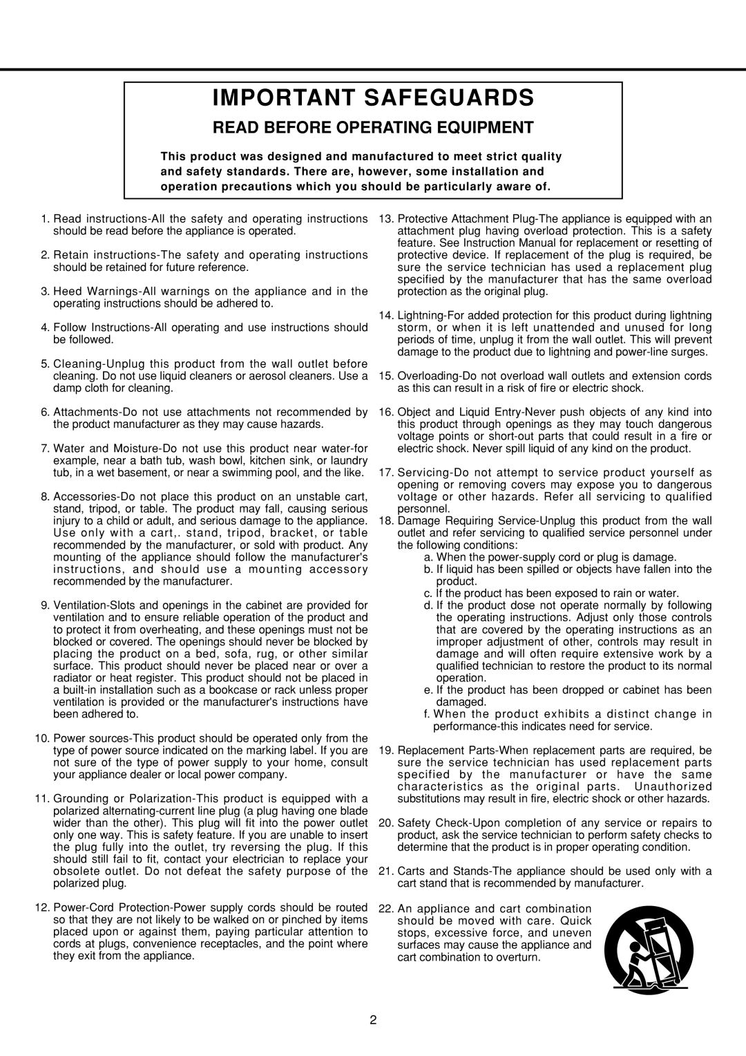 Vestax PDX-2300 MkII PDX-2300 MkII Pro, PDX-2000MkII owner manual Important Safeguards, Read Before Operating Equipment 