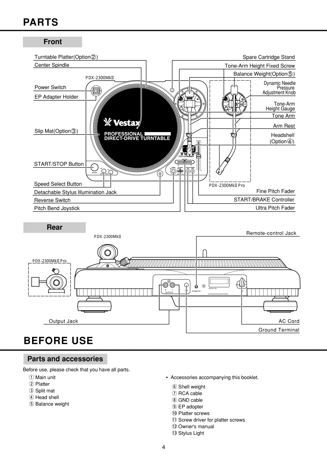 Vestax PDX-2300 MkII PDX-2300 MkII Pro, PDX-2000MkII owner manual Before USE, Front, Rear, Parts and accessories 