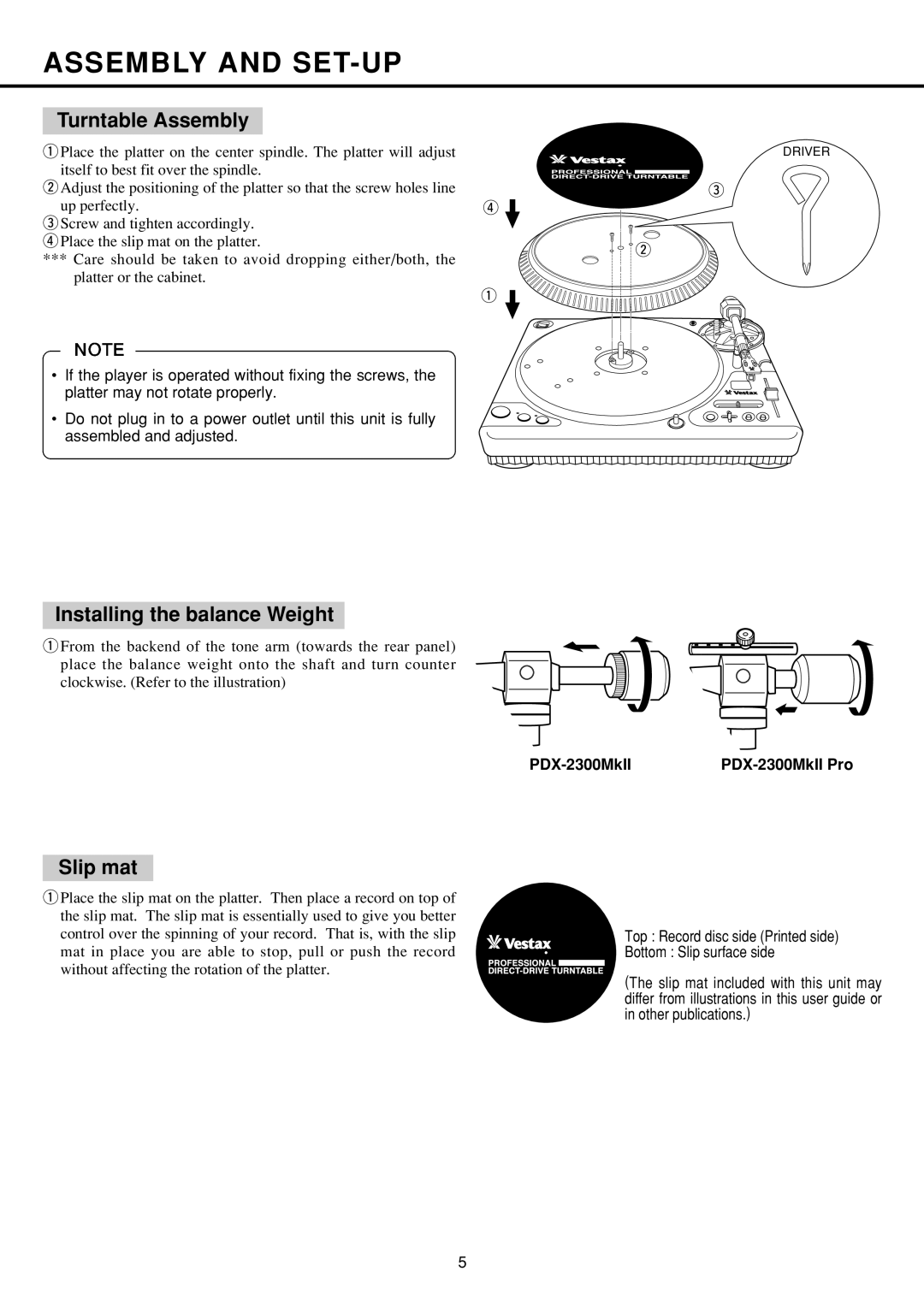 Vestax PDX-2000MkII owner manual Assembly and SET-UP, Turntable Assembly, Installing the balance Weight, Slip mat 