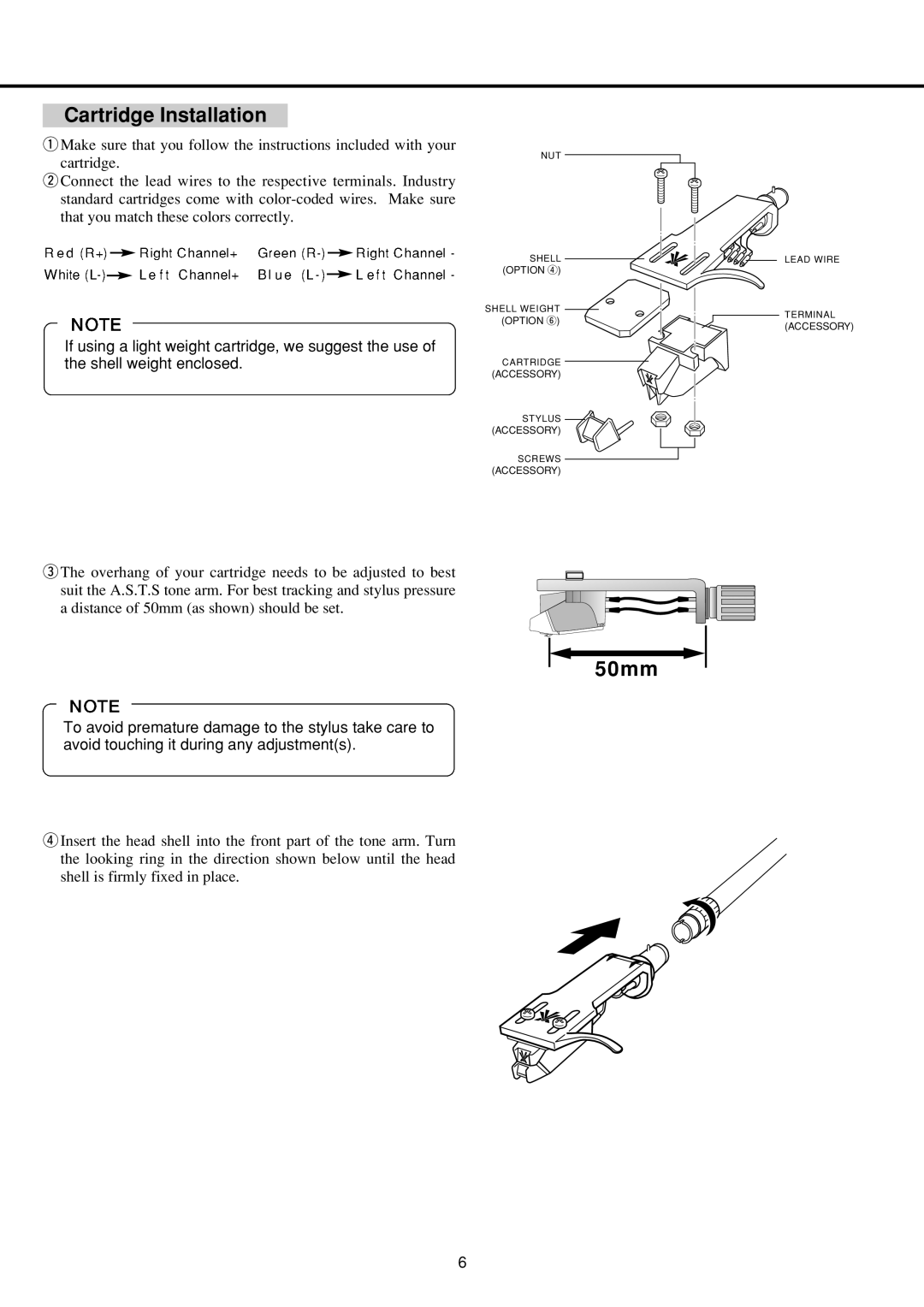 Vestax PDX-2300 MkII PDX-2300 MkII Pro, PDX-2000MkII owner manual 50mm, Cartridge Installation 