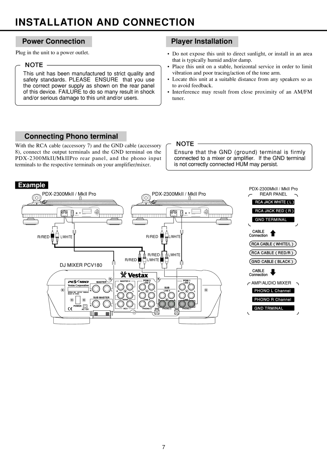 Vestax PDX-2000MkII Installation and Connection, Power Connection Player Installation, Connecting Phono terminal 