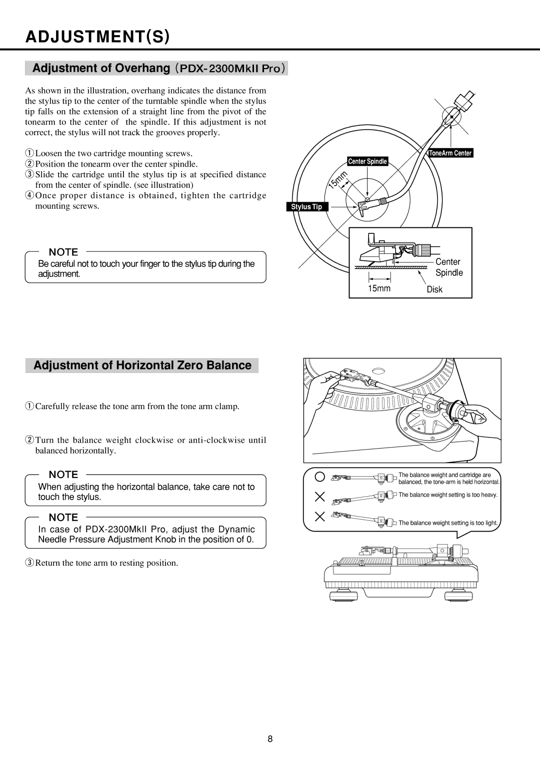 Vestax PDX-2300 MkII PDX-2300 MkII Pro Adjustments, Adjustment of Overhang, Adjustment of Horizontal Zero Balance 