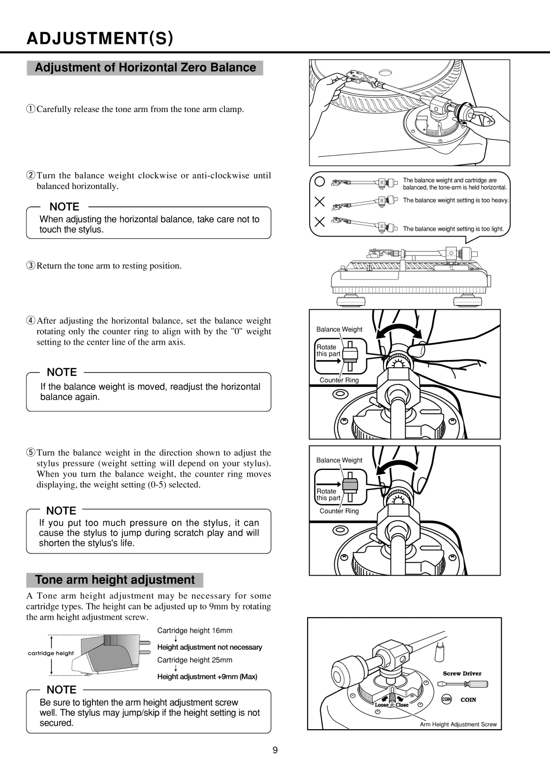 Vestax PDX-2300 owner manual Adjustments, Adjustment of Horizontal Zero Balance, Tone arm height adjustment 