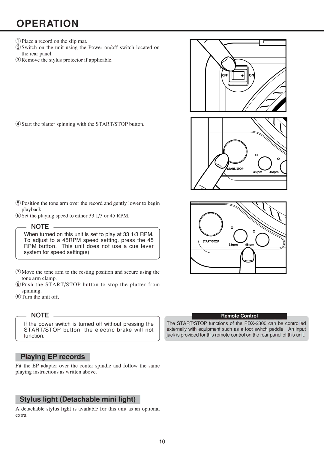 Vestax PDX-2300 owner manual Operation, Playing EP records, Stylus light Detachable mini light 