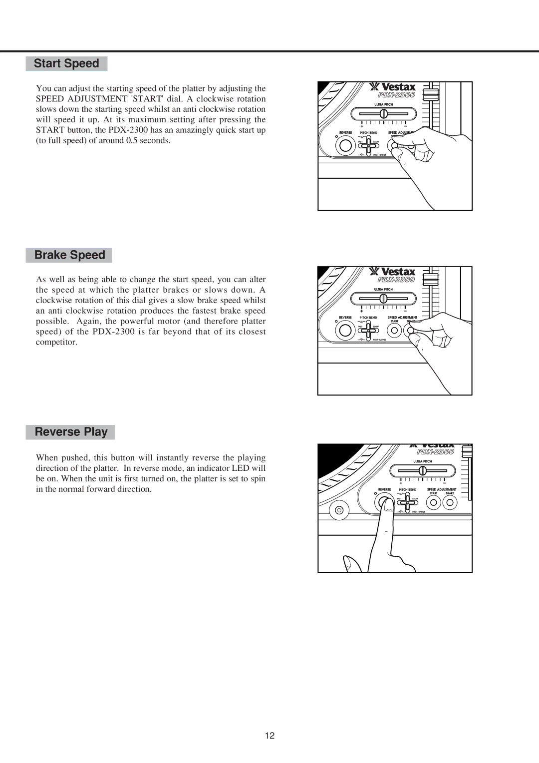 Vestax PDX-2300 owner manual Start Speed, Brake Speed, Reverse Play 