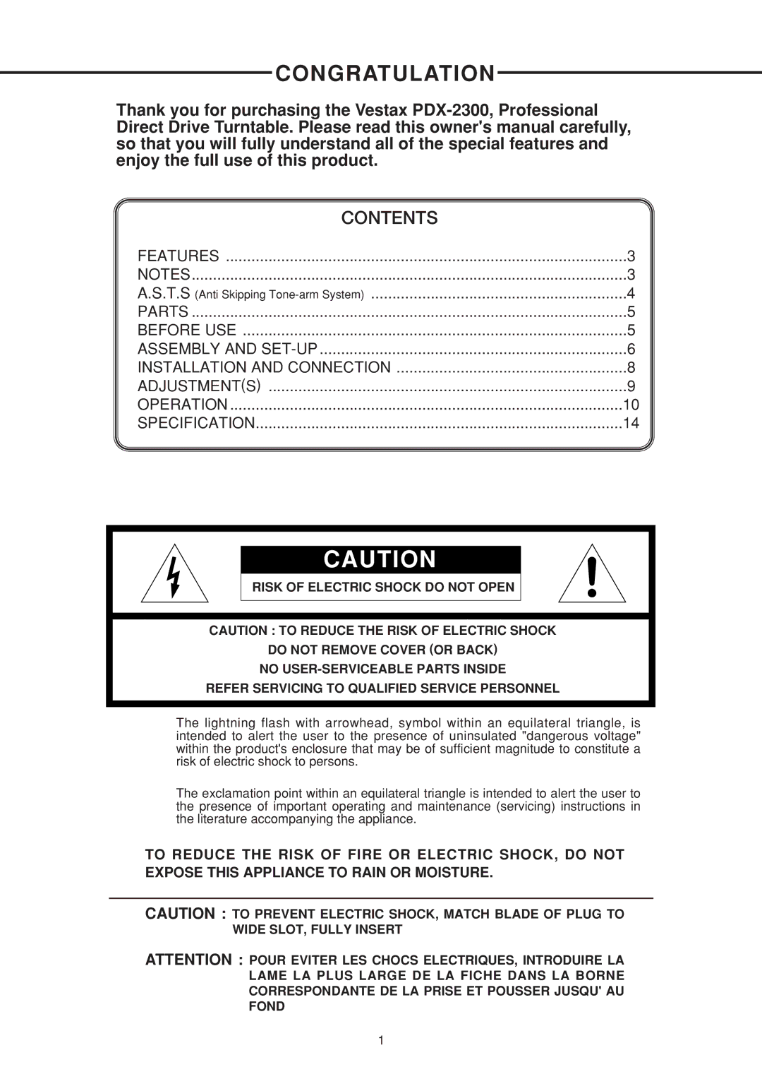 Vestax PDX-2300 owner manual Congratulation 