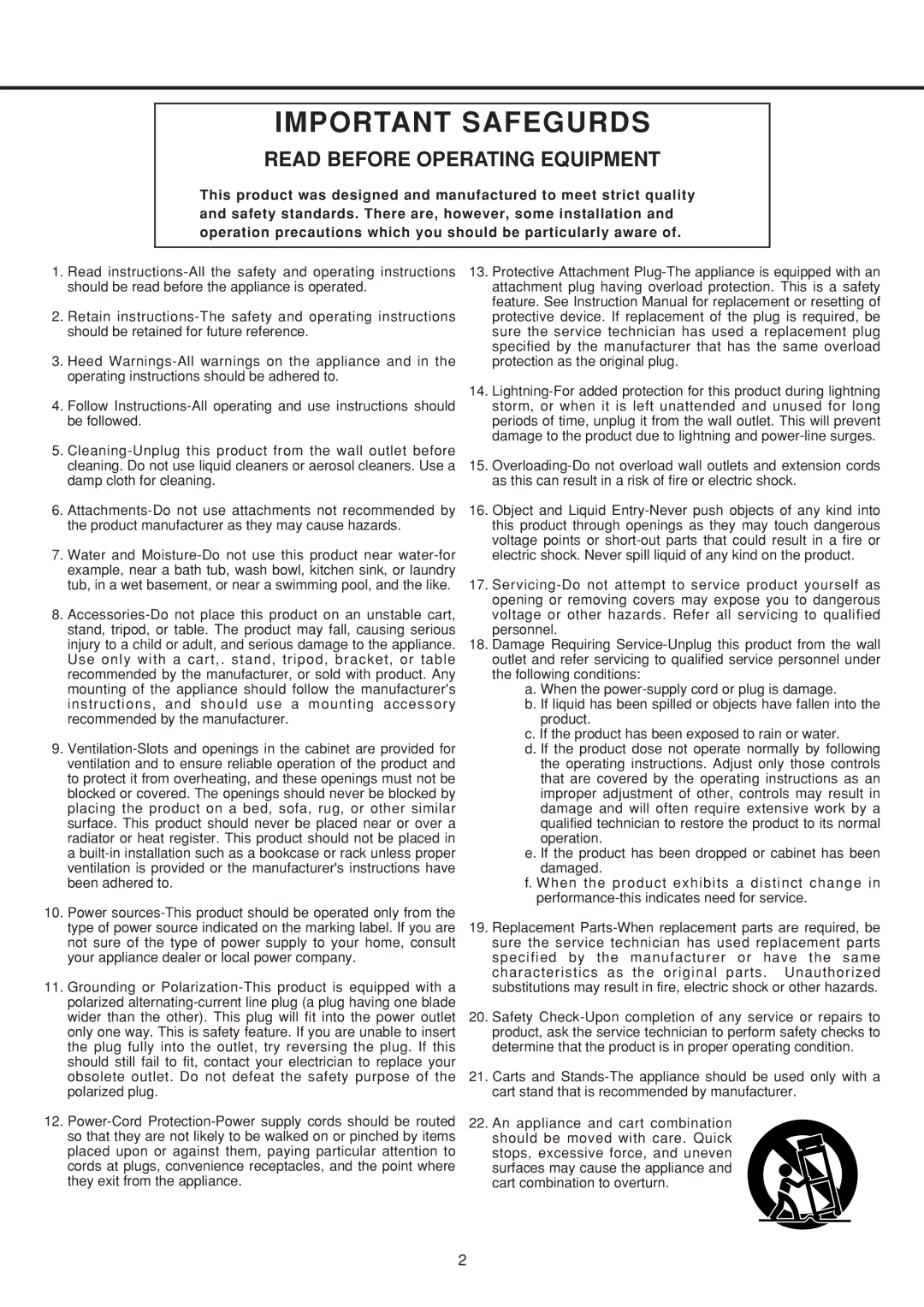 Vestax PDX-2300 owner manual Important Safegurds, Read Before Operating Equipment 