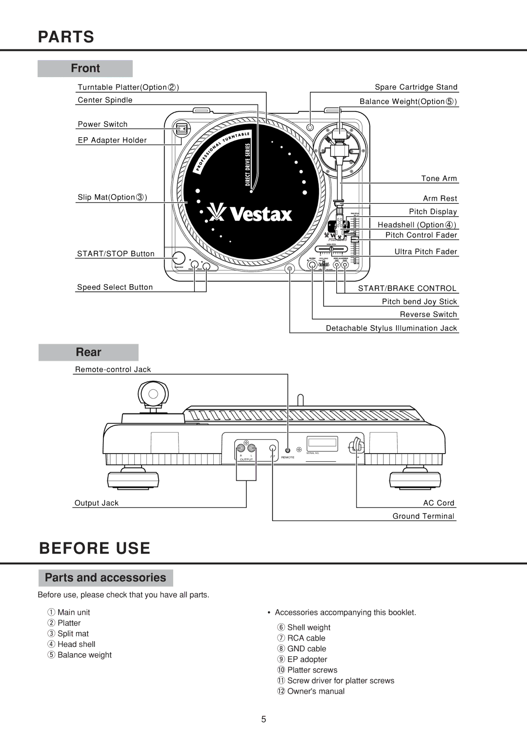 Vestax PDX-2300 owner manual Before USE, Front, Rear, Parts and accessories 