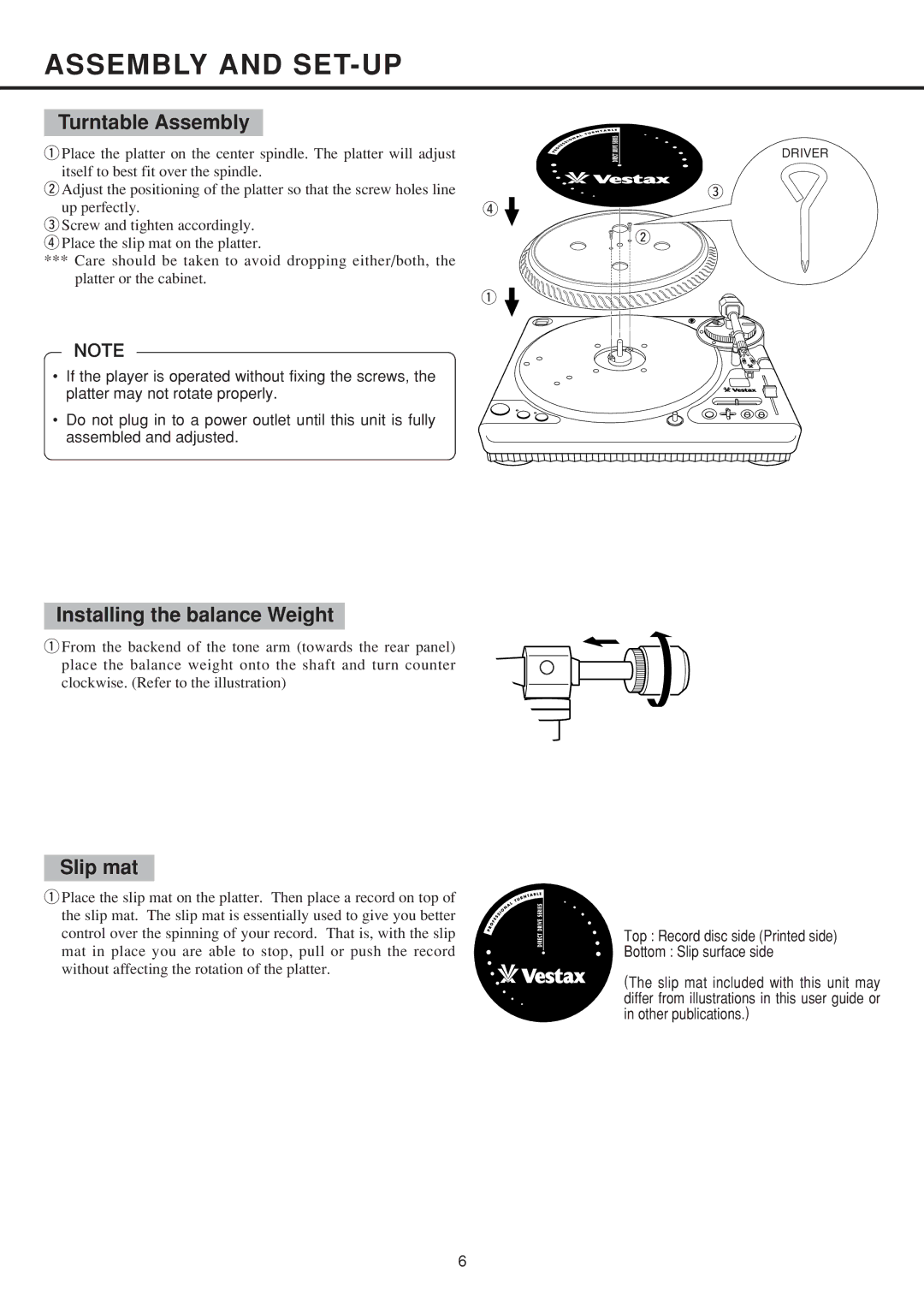 Vestax PDX-2300 owner manual Assembly and SET-UP, Turntable Assembly, Installing the balance Weight, Slip mat 