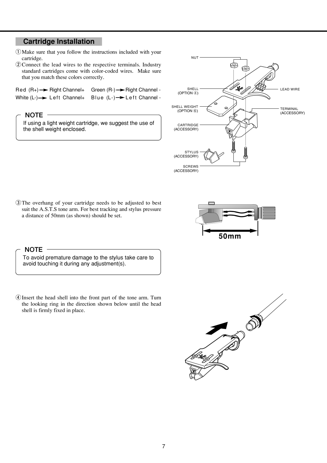 Vestax PDX-2300 owner manual 50mm, Cartridge Installation 