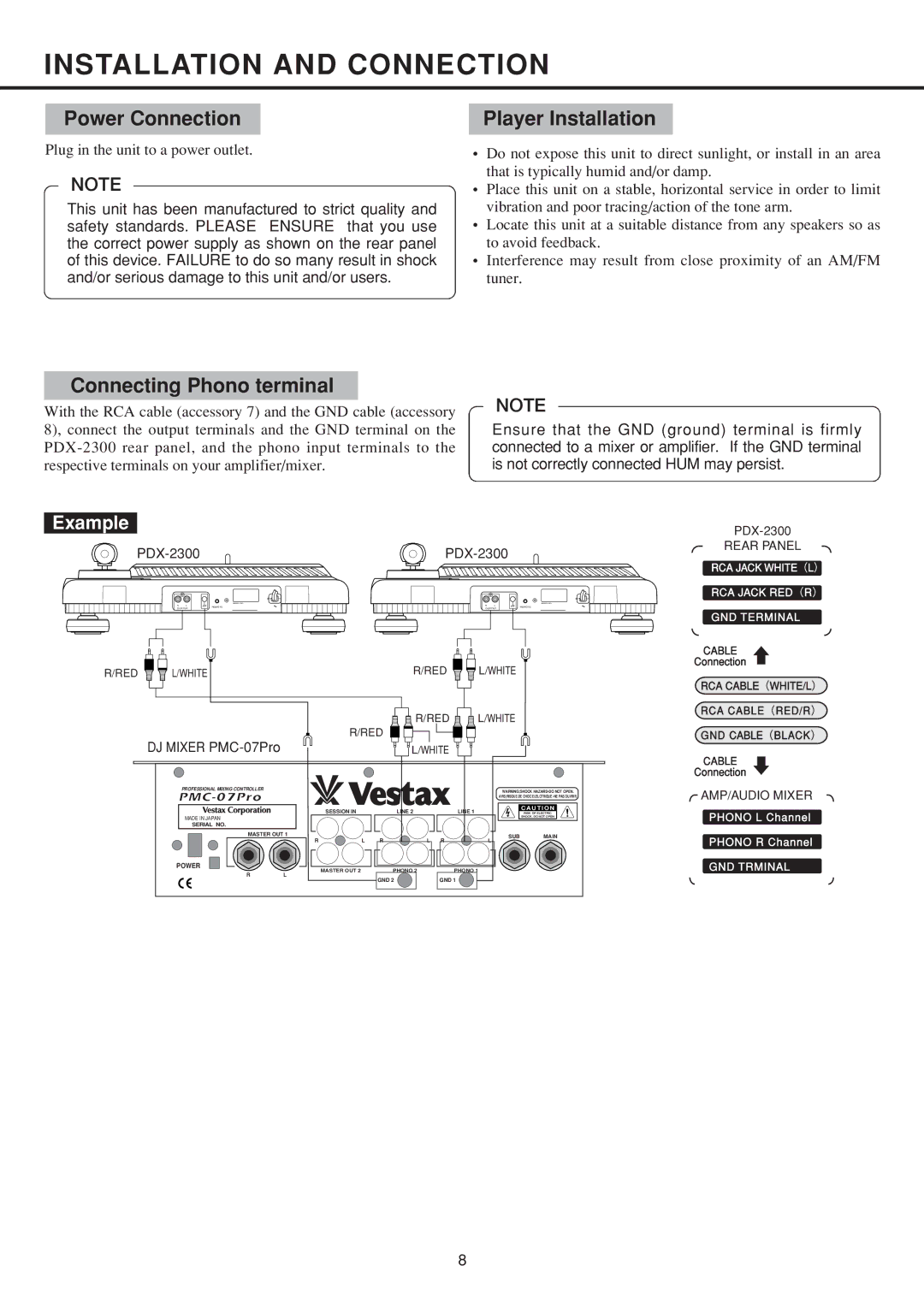 Vestax PDX-2300 owner manual Installation and Connection, Power Connection, Player Installation, Connecting Phono terminal 