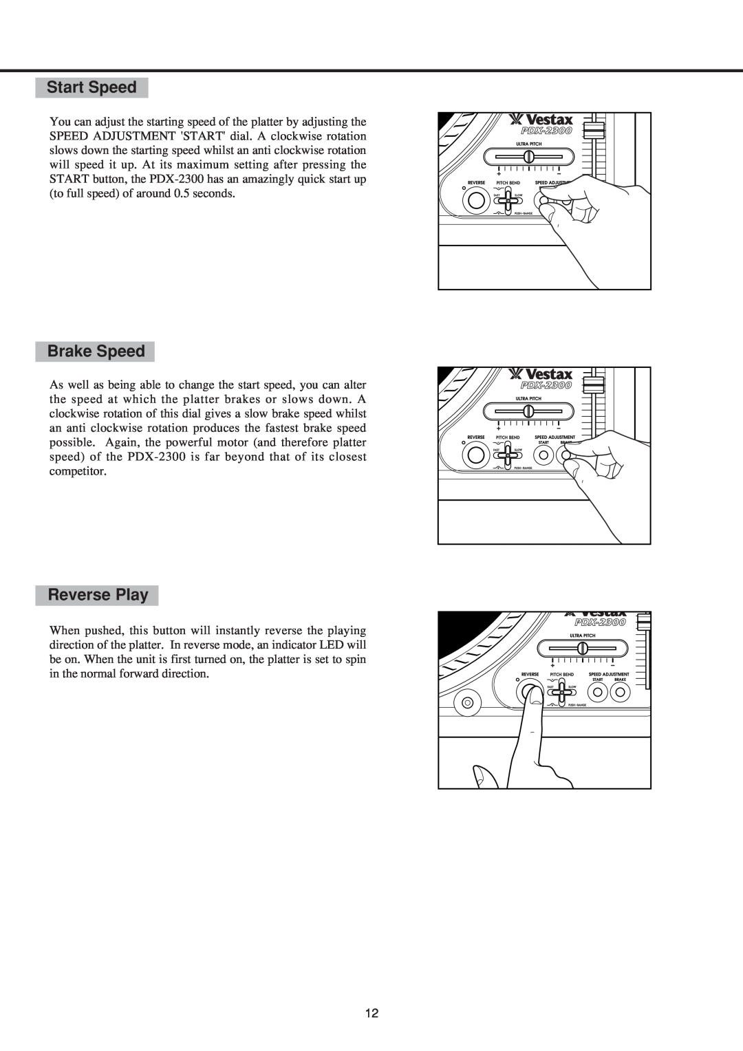 Vestax PDX-2300 owner manual Start Speed, Brake Speed, Reverse Play 