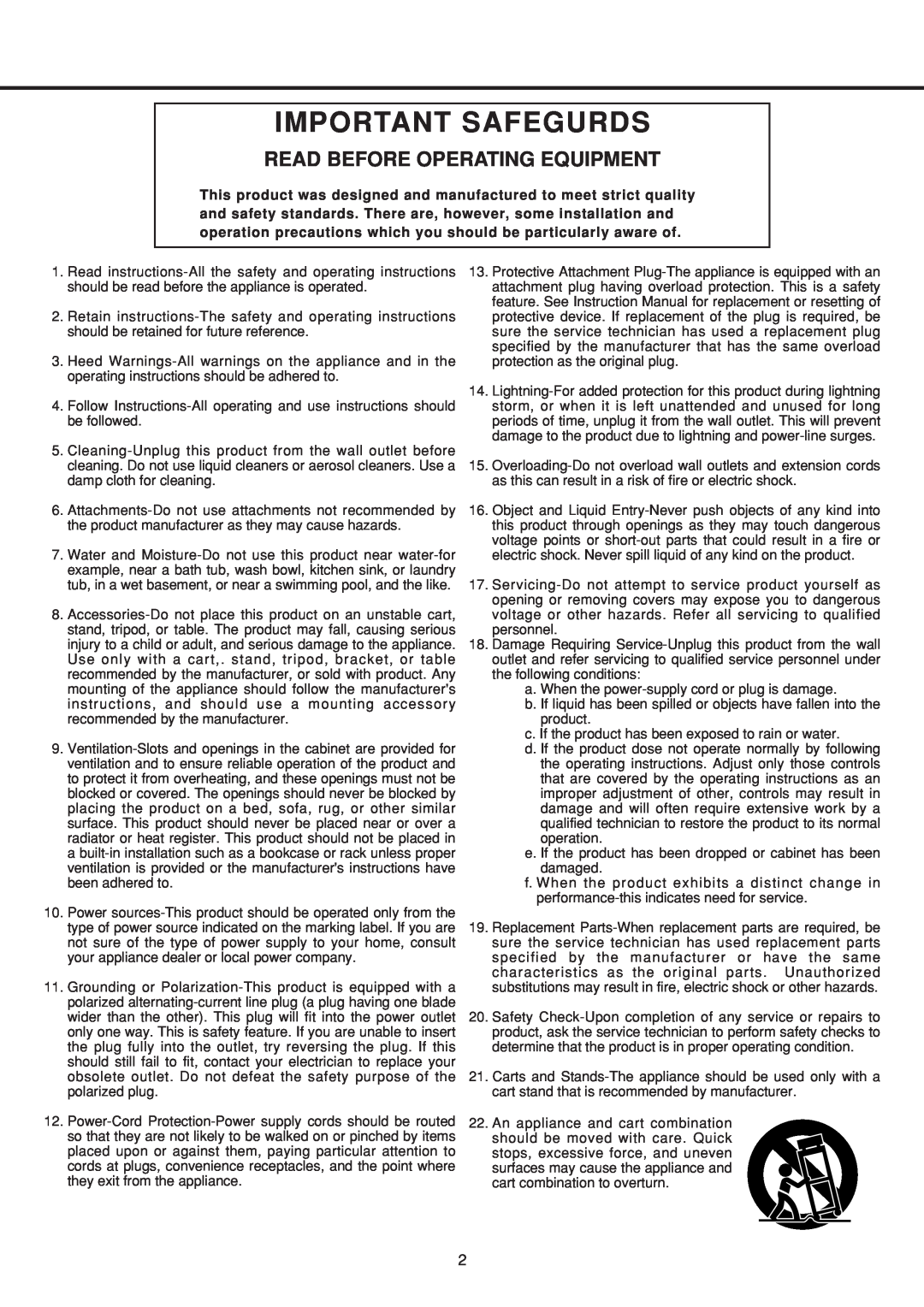 Vestax PDX-2300 owner manual Important Safegurds, Read Before Operating Equipment 