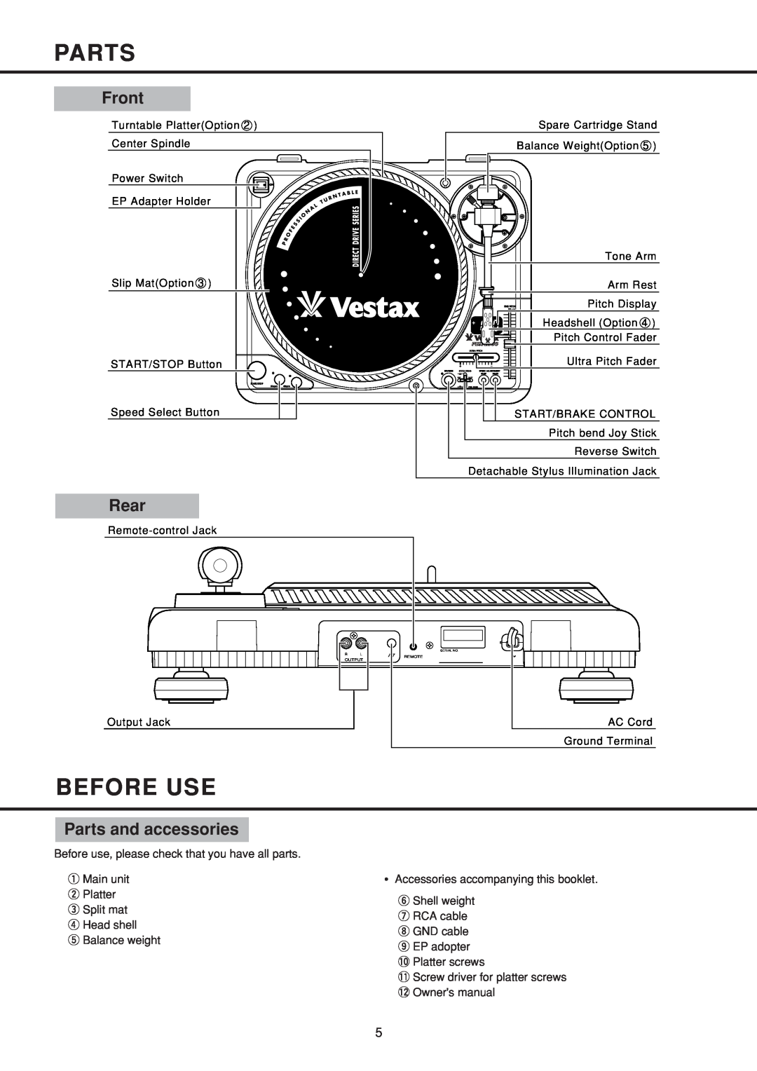 Vestax PDX-2300 owner manual Before Use, Front, Rear, Parts and accessories 