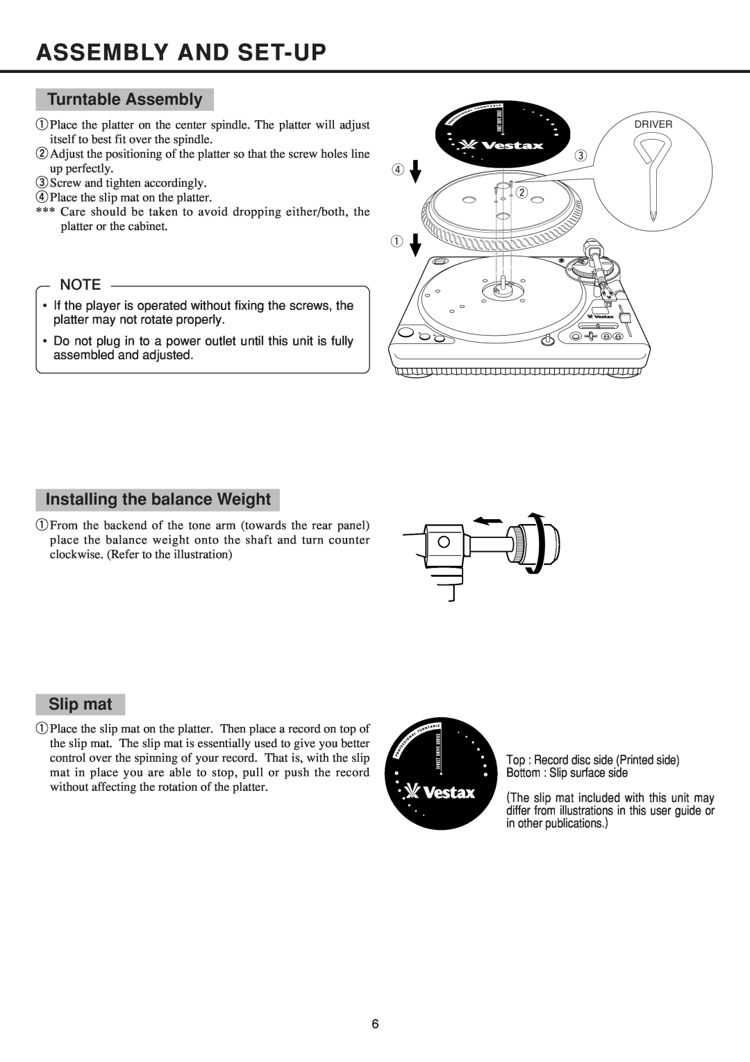 Vestax PDX-2300 owner manual Assembly And Set-Up, Turntable Assembly, Installing the balance Weight, Slip mat 