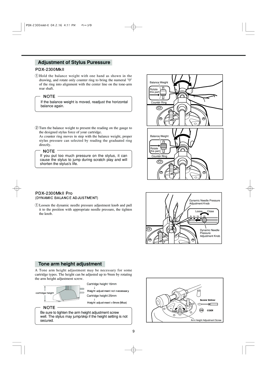 Vestax PDX-2300MkII, PDX-2300MkII Pro owner manual Adjustment of Stylus Puressure, Tone arm height adjustment 