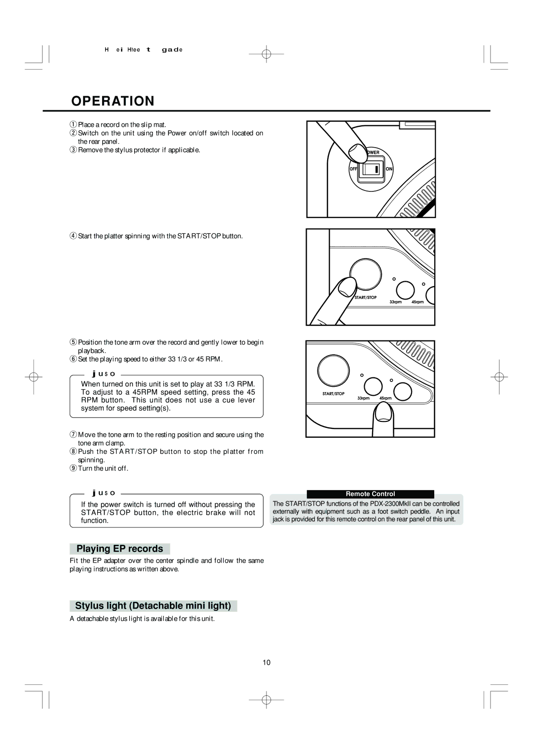 Vestax PDX-2300MkII, PDX-2300MkII Pro owner manual Operation, Playing EP records, Stylus light Detachable mini light 