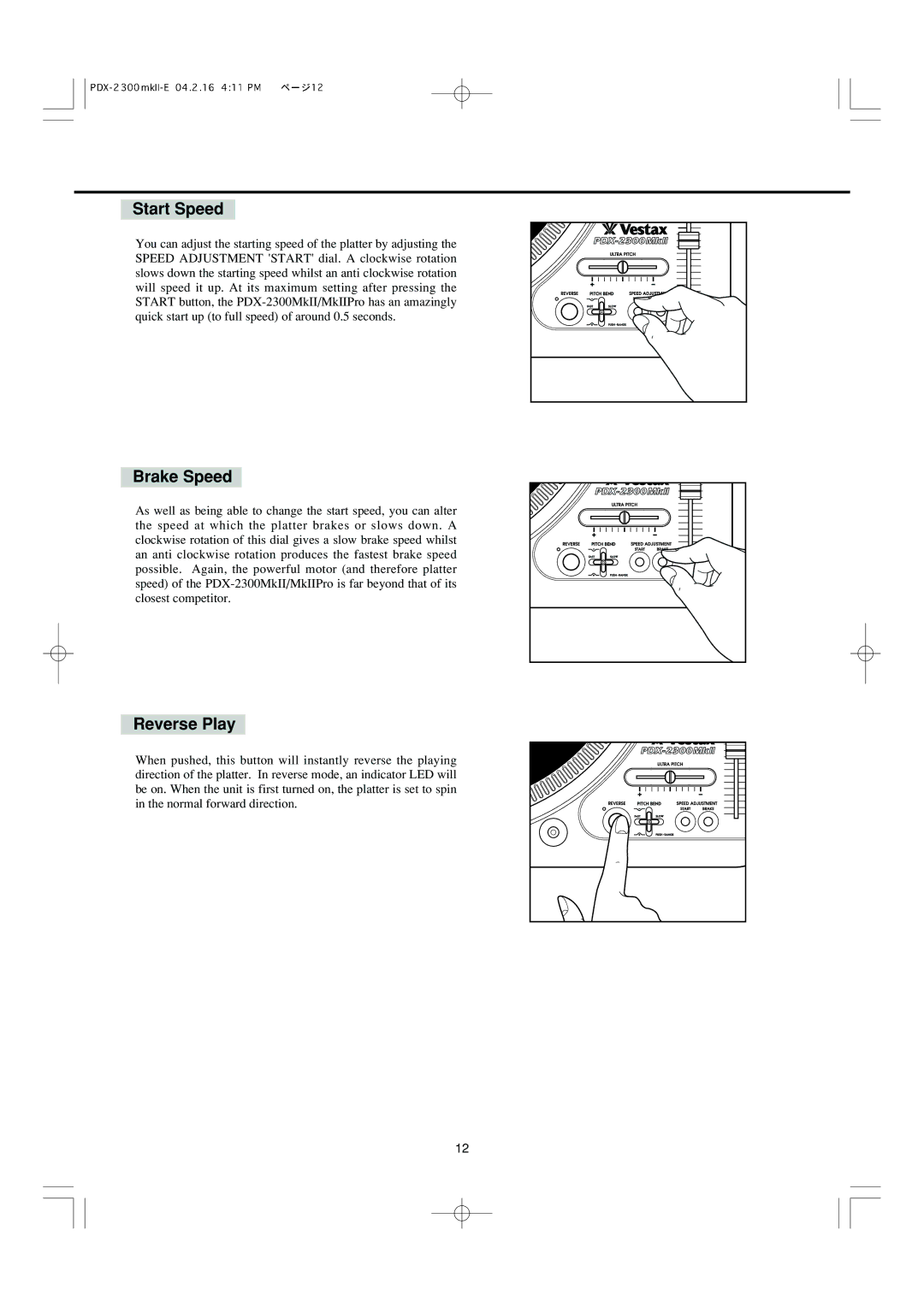 Vestax PDX-2300MkII, PDX-2300MkII Pro owner manual Start Speed, Brake Speed, Reverse Play 