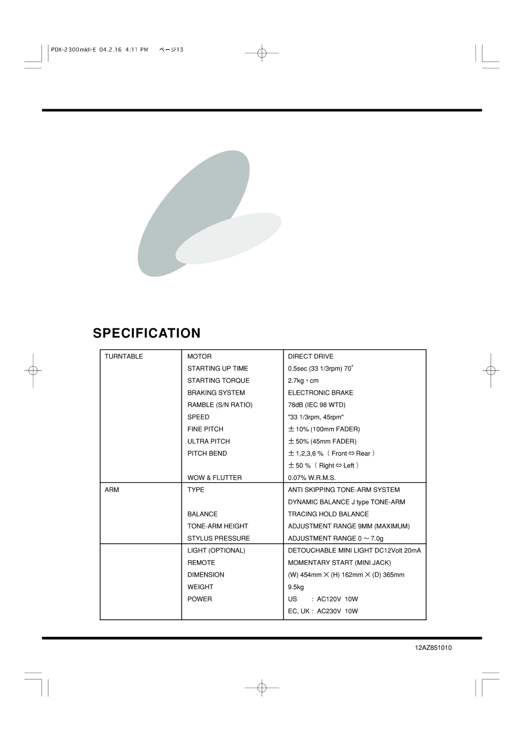 Vestax PDX-2300MkII, PDX-2300MkII Pro owner manual Specification 