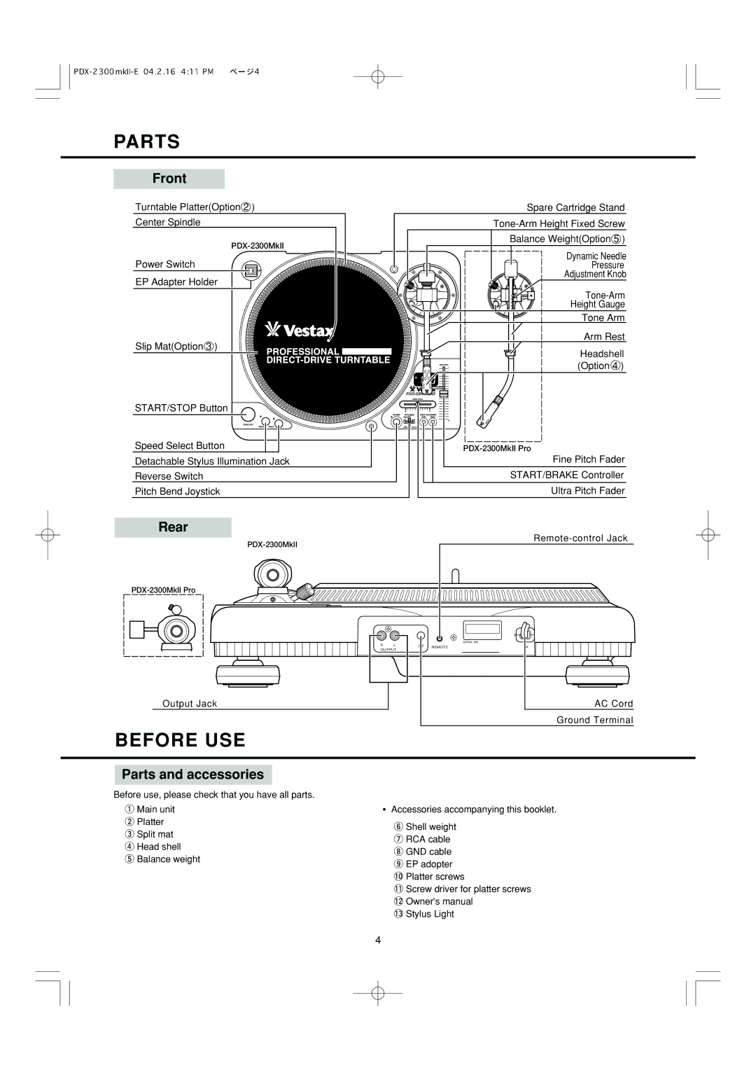 Vestax PDX-2300MkII, PDX-2300MkII Pro owner manual Before USE, Front, Rear, Parts and accessories 