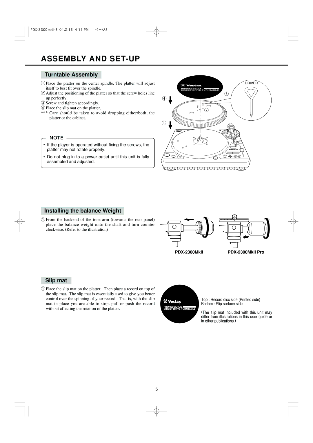 Vestax PDX-2300MkII owner manual Assembly and SET-UP, Turntable Assembly, Installing the balance Weight, Slip mat 