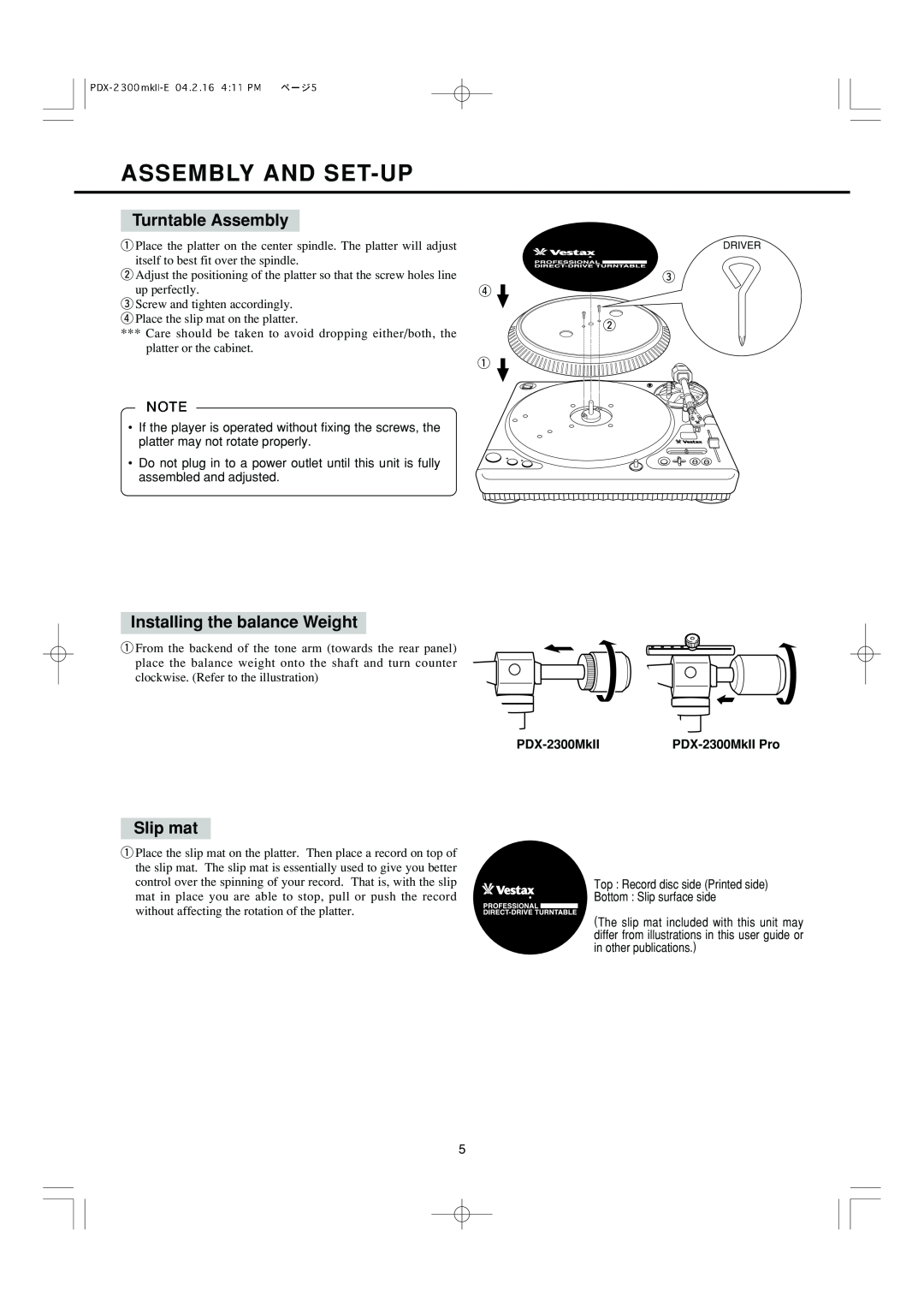 Vestax PDX-2300MkII owner manual Assembly And Set-Up, Turntable Assembly, Installing the balance Weight, Slip mat 