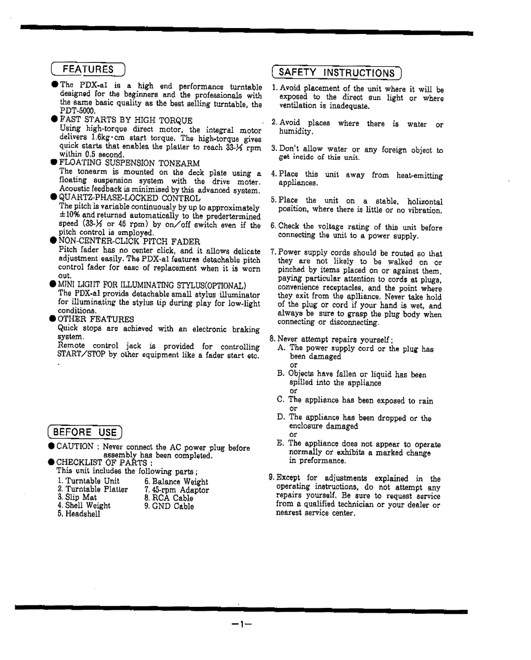 Vestax PDX-a1 manual FEATUREs, Safety Instructions 