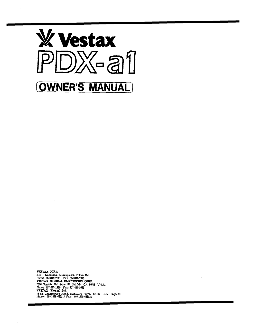 Vestax PDX-a1 manual Om~Iers Manual 