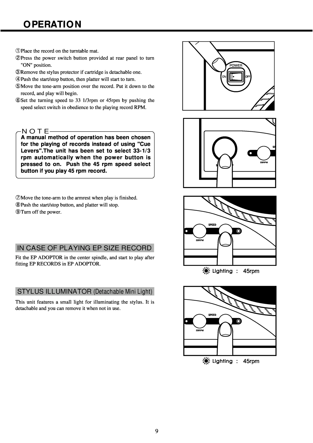 Vestax PDX-d3S owner manual Operation, In Case Of Playing Ep Size Record, STYLUS ILLUMINATOR Detachable Mini Light, N O T E 