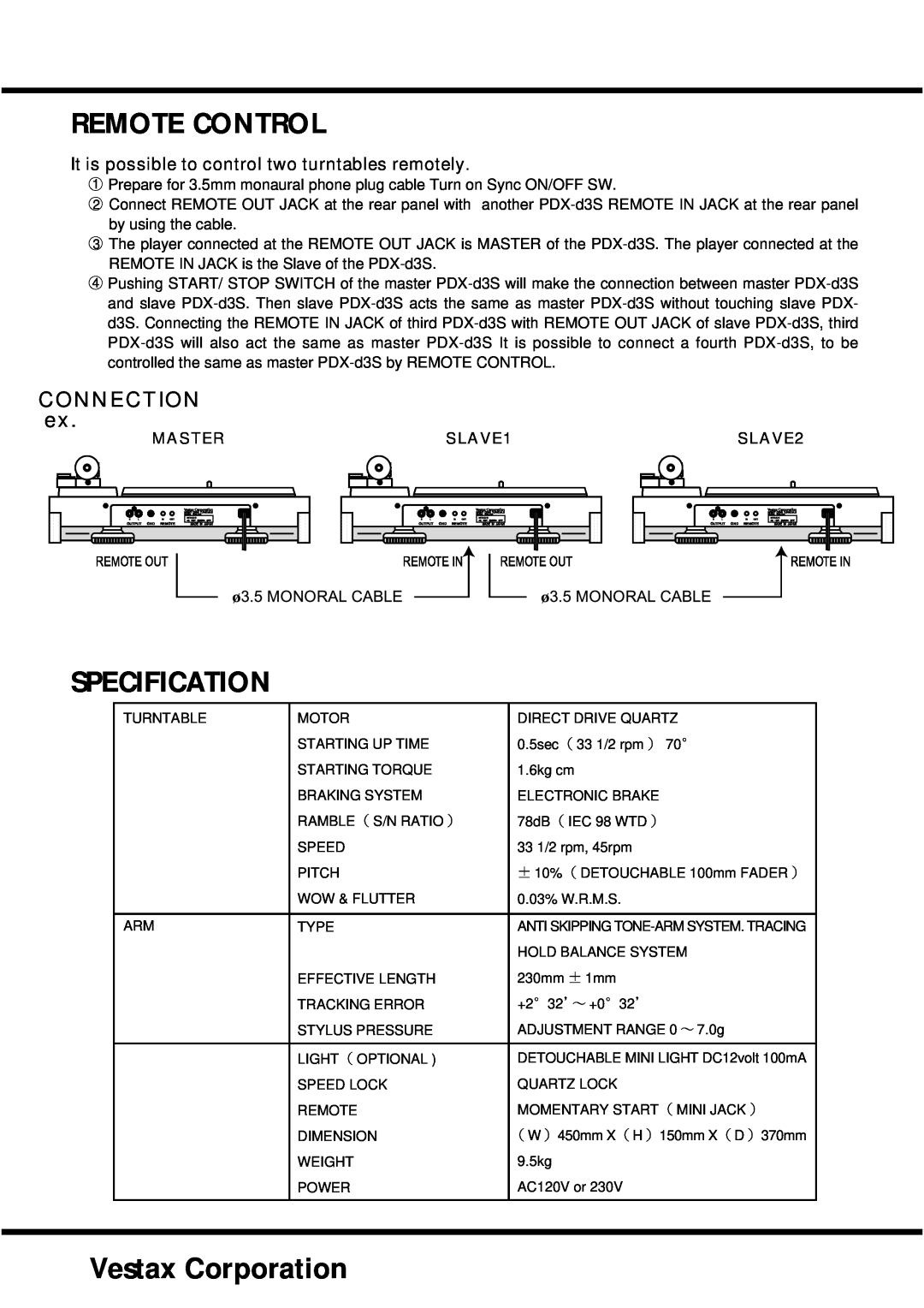 Vestax PDX-d3S owner manual Vestax Corporation, Remote Control, Specification, CONNECTION ex 