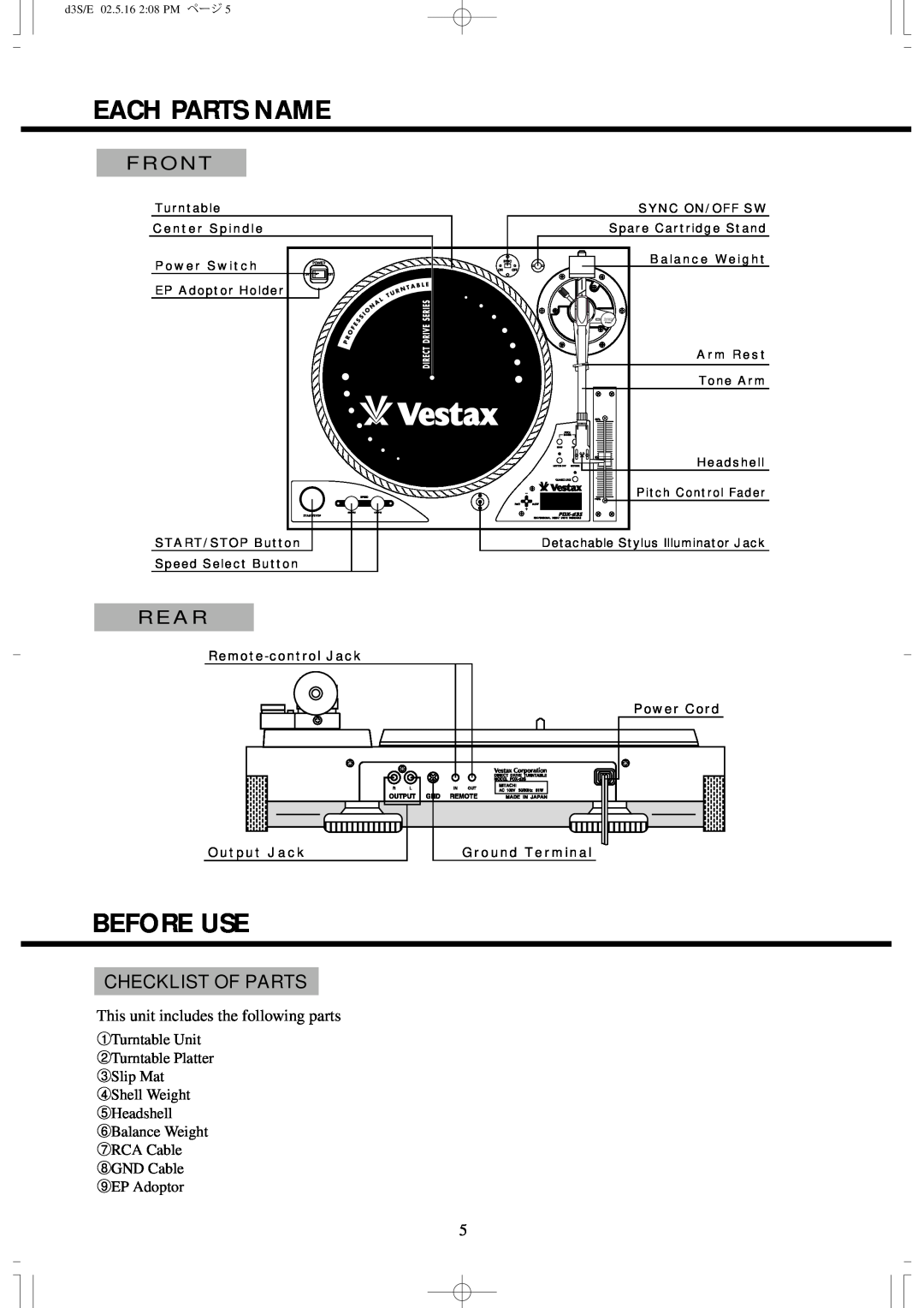 Vestax PDX-d3S owner manual Each Parts Name, Before Use, Front, Rear, Checklist Of Parts 