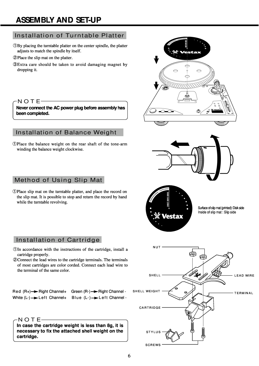 Vestax PDX-d3S owner manual Assembly And Set-Up, Installation of Turntable Platter, Installation of Balance Weight, N O T E 