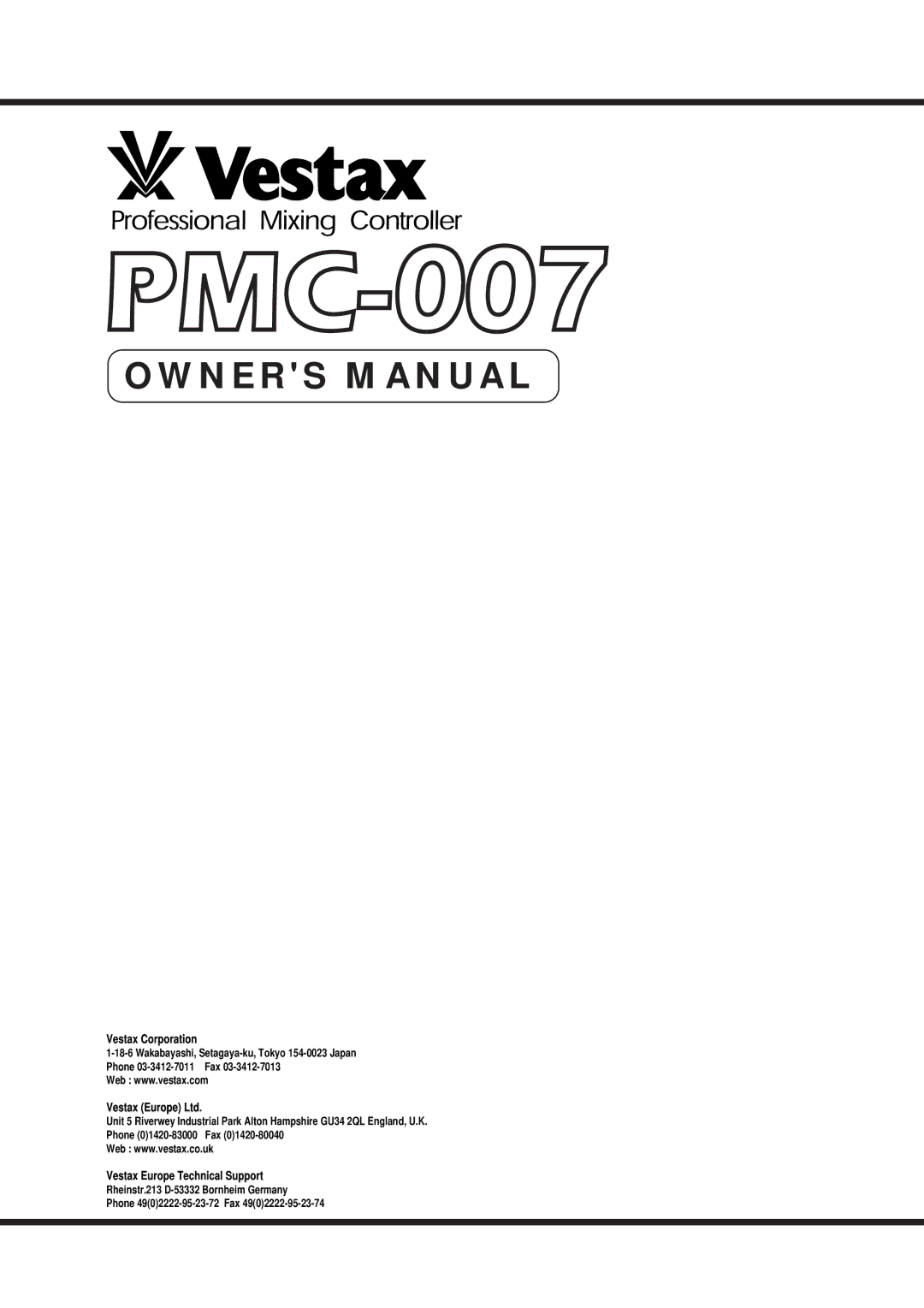 Vestax PMC-007 owner manual Vestax Corporation 