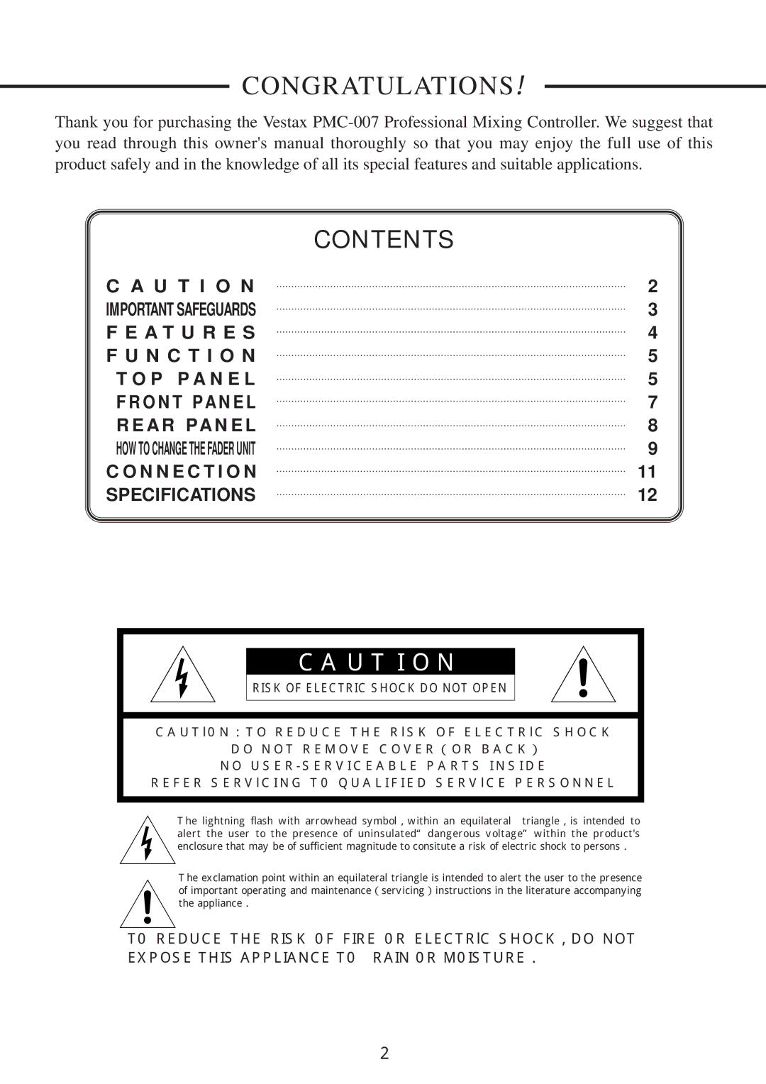 Vestax PMC-007 owner manual Congratulations！, Contents 