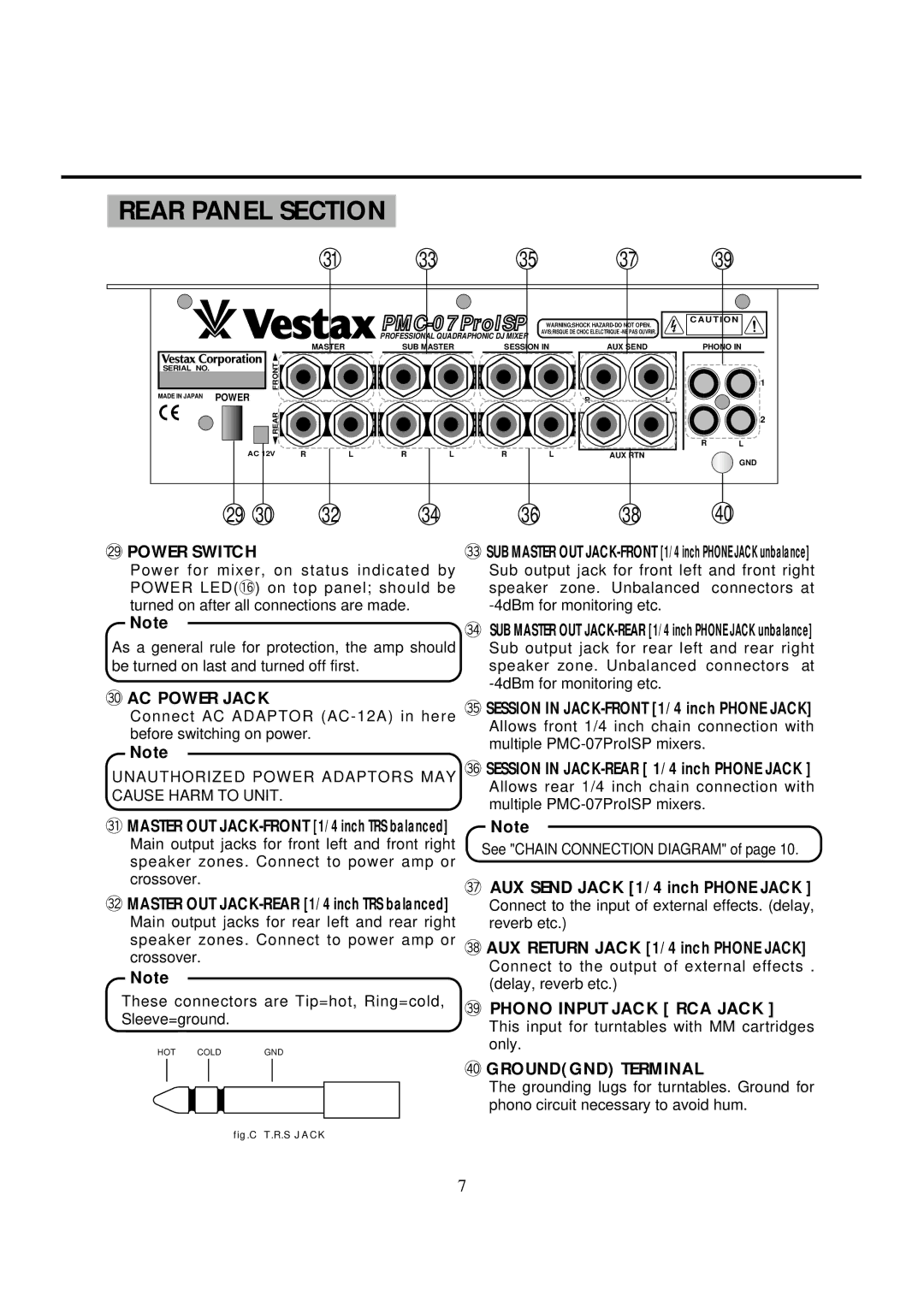 Vestax PMC-07ProISP owner manual Rear Panel Section, U T I O N 