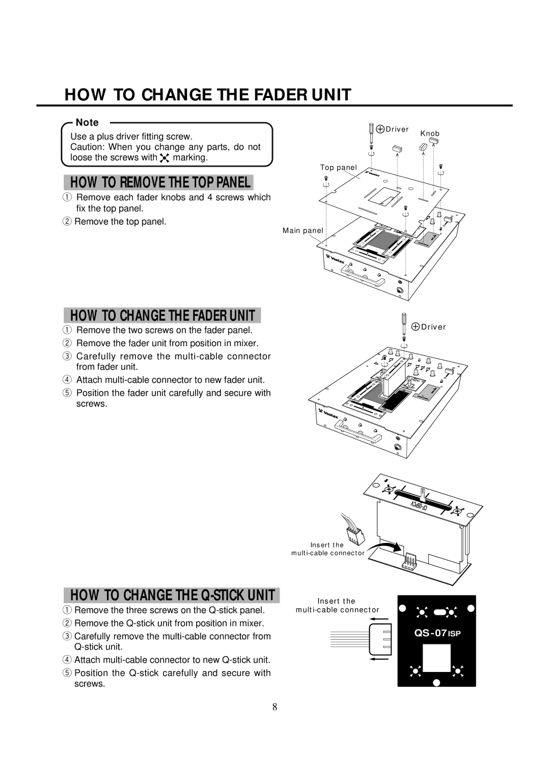 Vestax PMC-07ProISP owner manual HOW to Change the Fader Unit, HOW to Remove the TOP Panel 