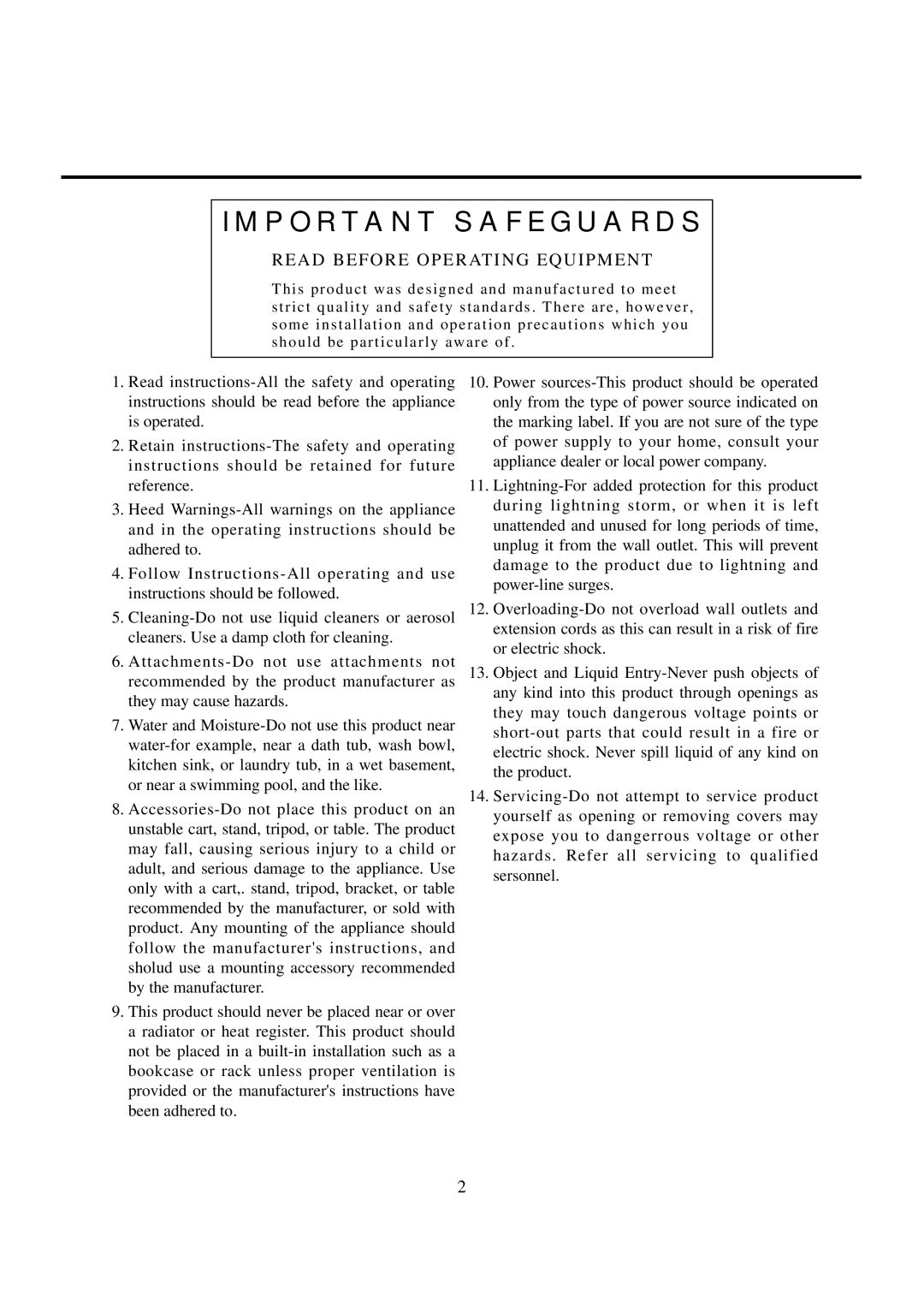 Vestax PMC-25 owner manual Important Safeguards, A D B E F O R E O P E R At I N G E Qu I P M E N T 