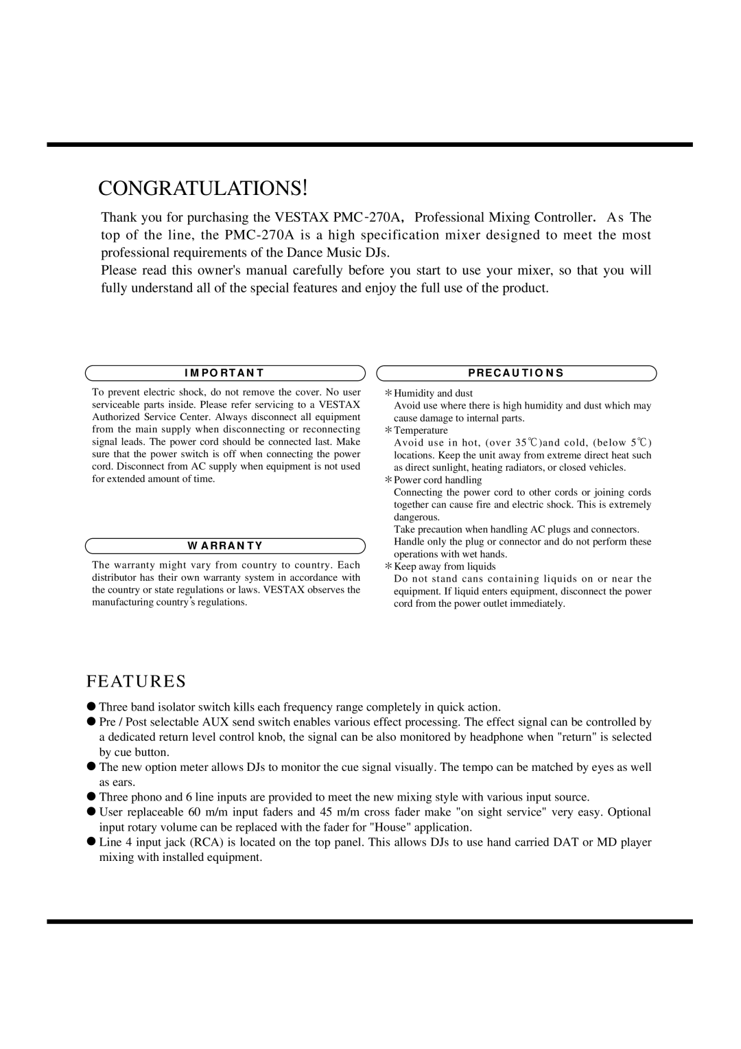 Vestax PMC-270A owner manual P O R T a N T, R R a N T Y, E C a U T I O N S 