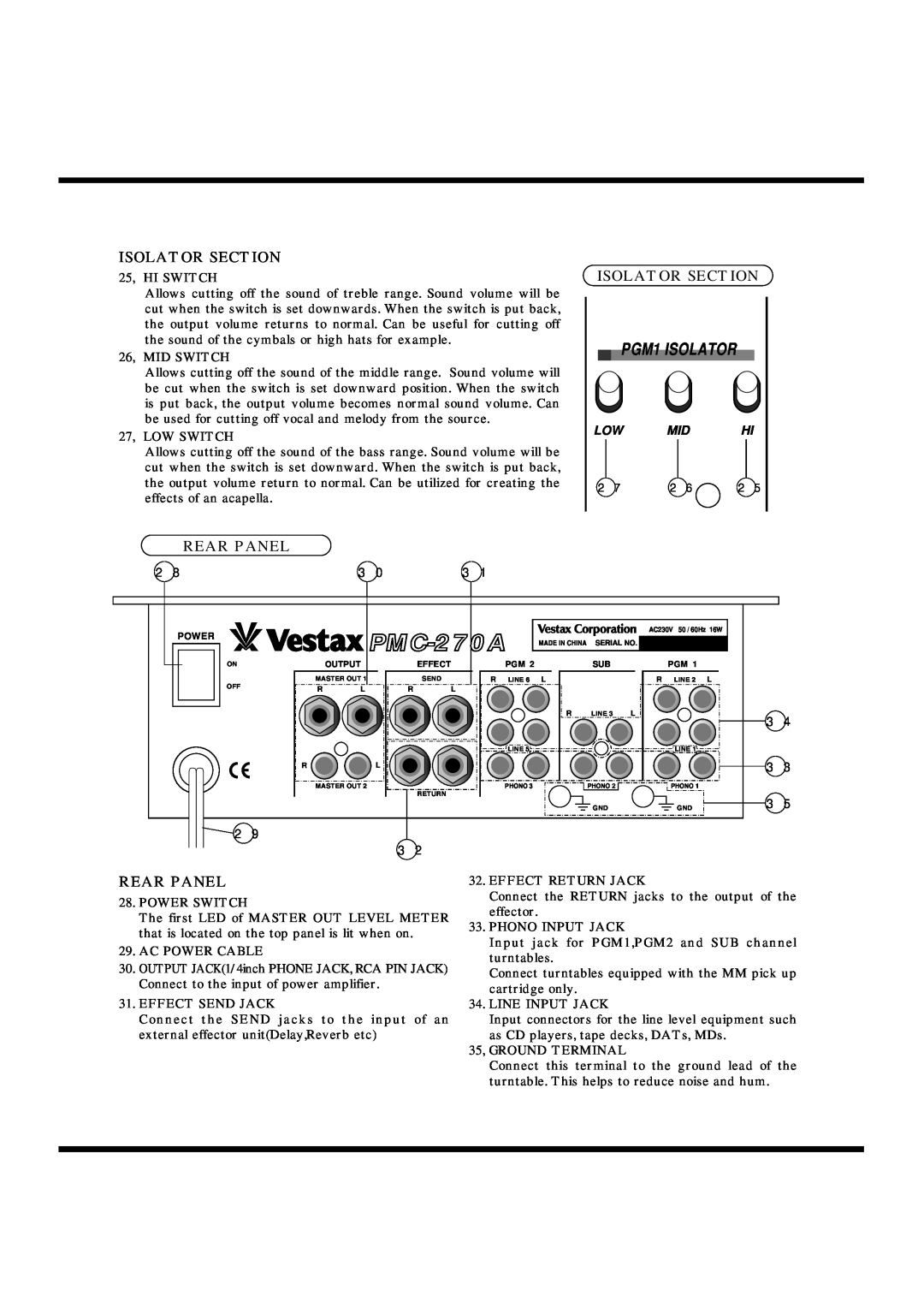 Vestax PMC-270A owner manual PGM1 ISOLATOR, Low Mid Hi 