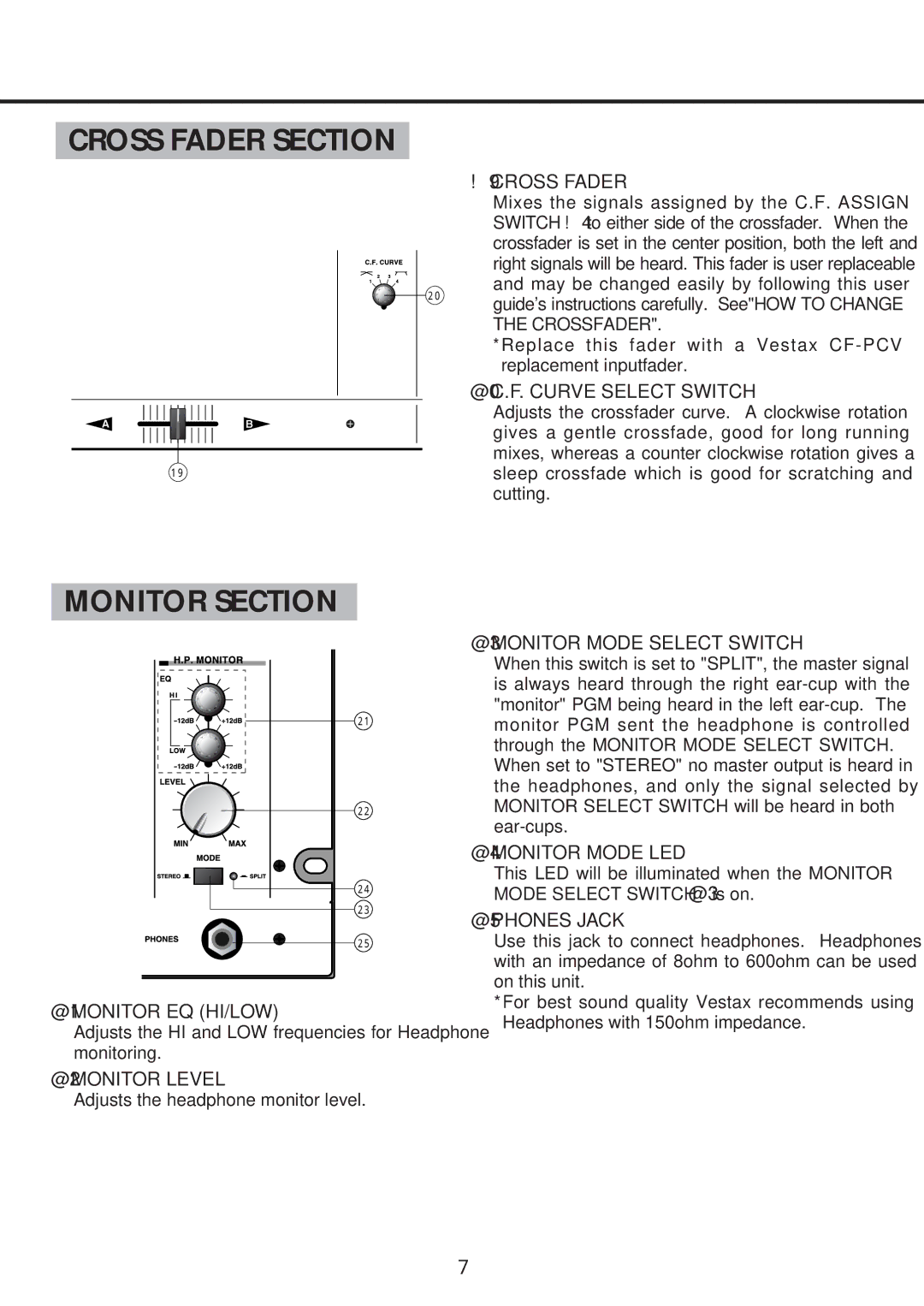 Vestax PMC 500 owner manual Cross Fader Section, Monitor Section 