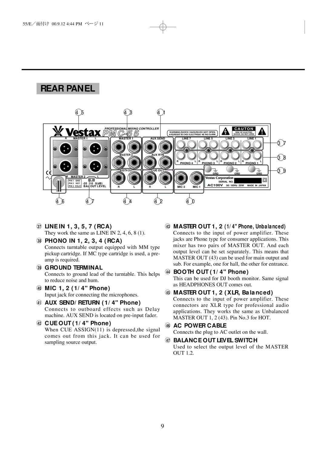 Vestax PMC-55 owner manual Rear Panel, Ground Terminal, AC Power Cable, Balance OUT Level Switch 