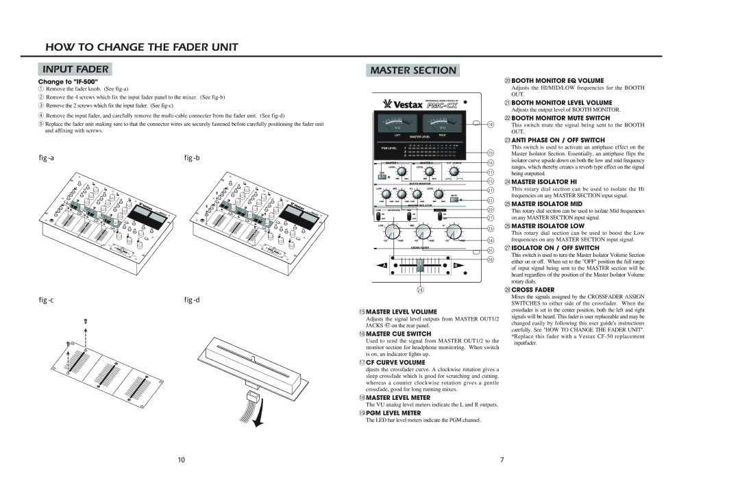 Vestax PMC-CX owner manual HOW to Change the Fader Unit, Input Fader, Master Section, Fig-a Fig-b, Fig-c Fig-d 