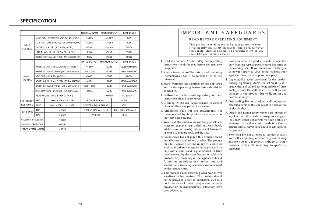 Vestax PMC-CX owner manual Specification, Important Safeguards, Read Before Operating Equipment 