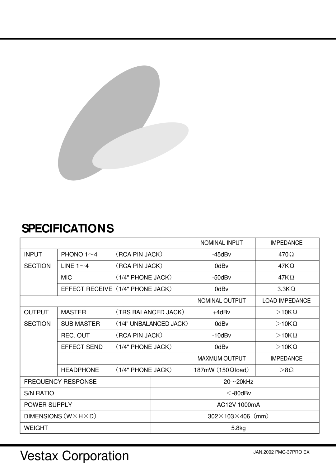 Vestax PMC37Pro owner manual Specifications 