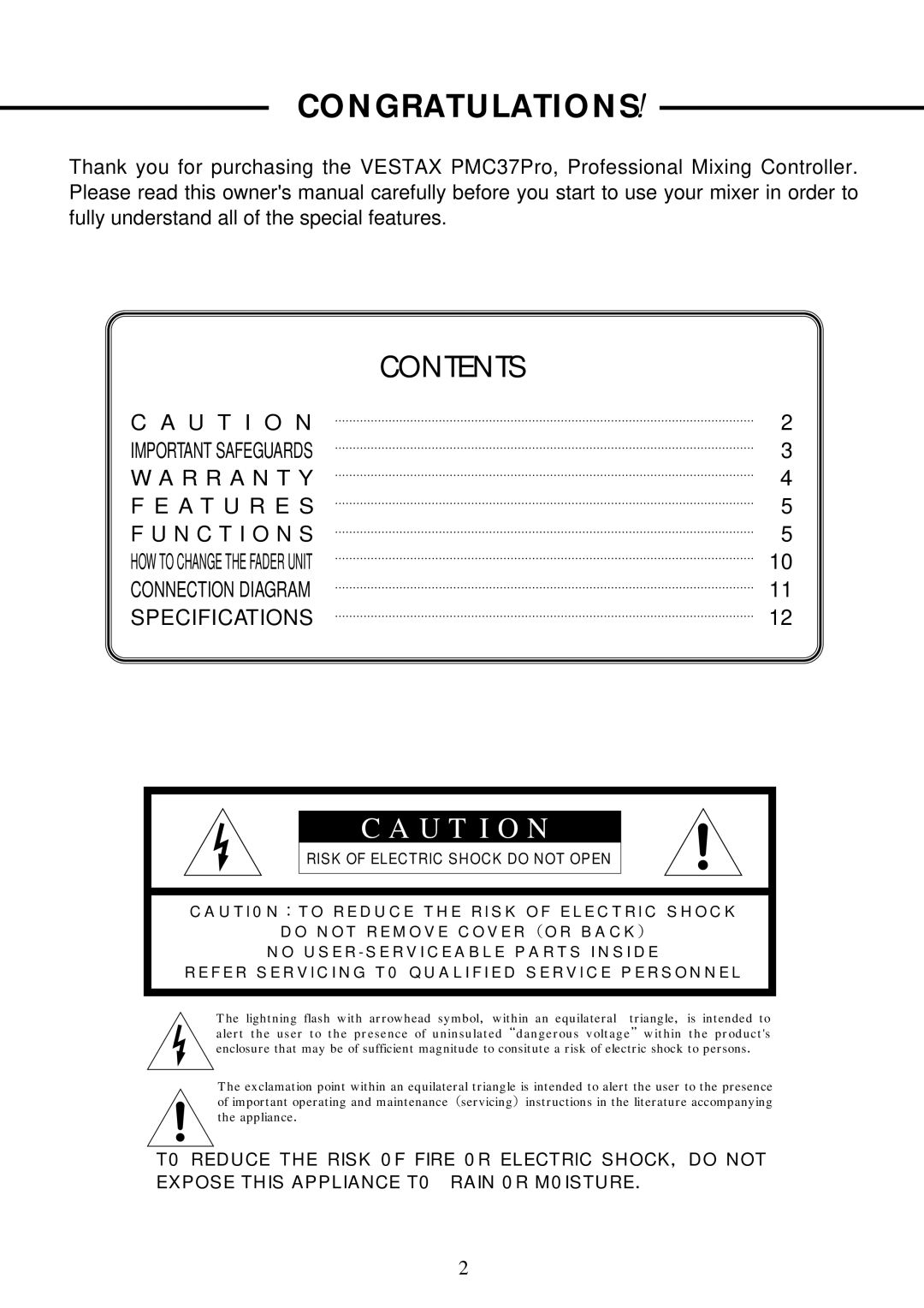 Vestax PMC37Pro owner manual Congratulations！, Contents 