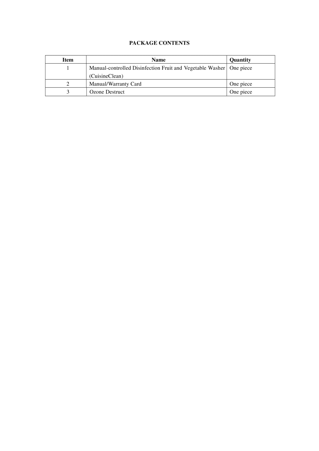 Vesture SXQ160-PA user manual Package Contents 